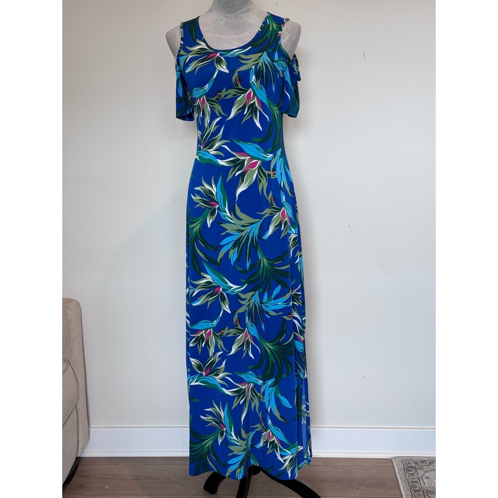 Jaclyn Smith Collection Blue Tropical Cold Shoulder Maxi Dress Small Floral Boho